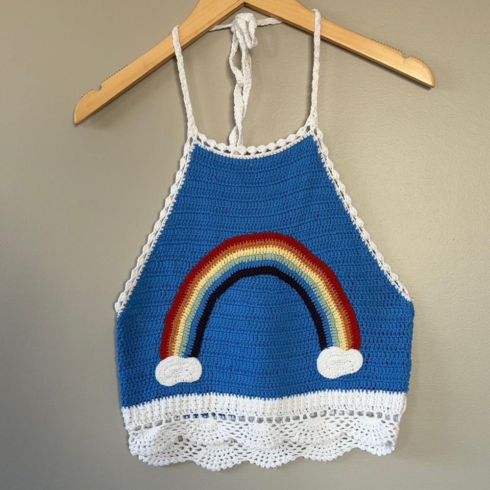 Generation‎ K Crochet Knit Boho Rainbow Halter Crop Top Small Retro Vintage Blue